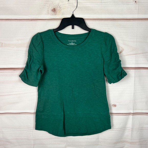 Talbots Tops - Talbots Top Womens XS Green Cotton Modal T-Shirt Shirred Sleeve Round Neck Solid